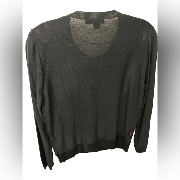 DKNY Black Silk Cardigan Purple Lace Inlay Front Button Up Size Medium - Picture 2 of 6